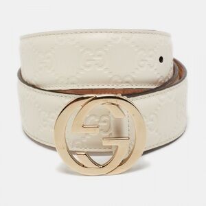 Gucci Off-White Leather Belt with Gold GG Buckle